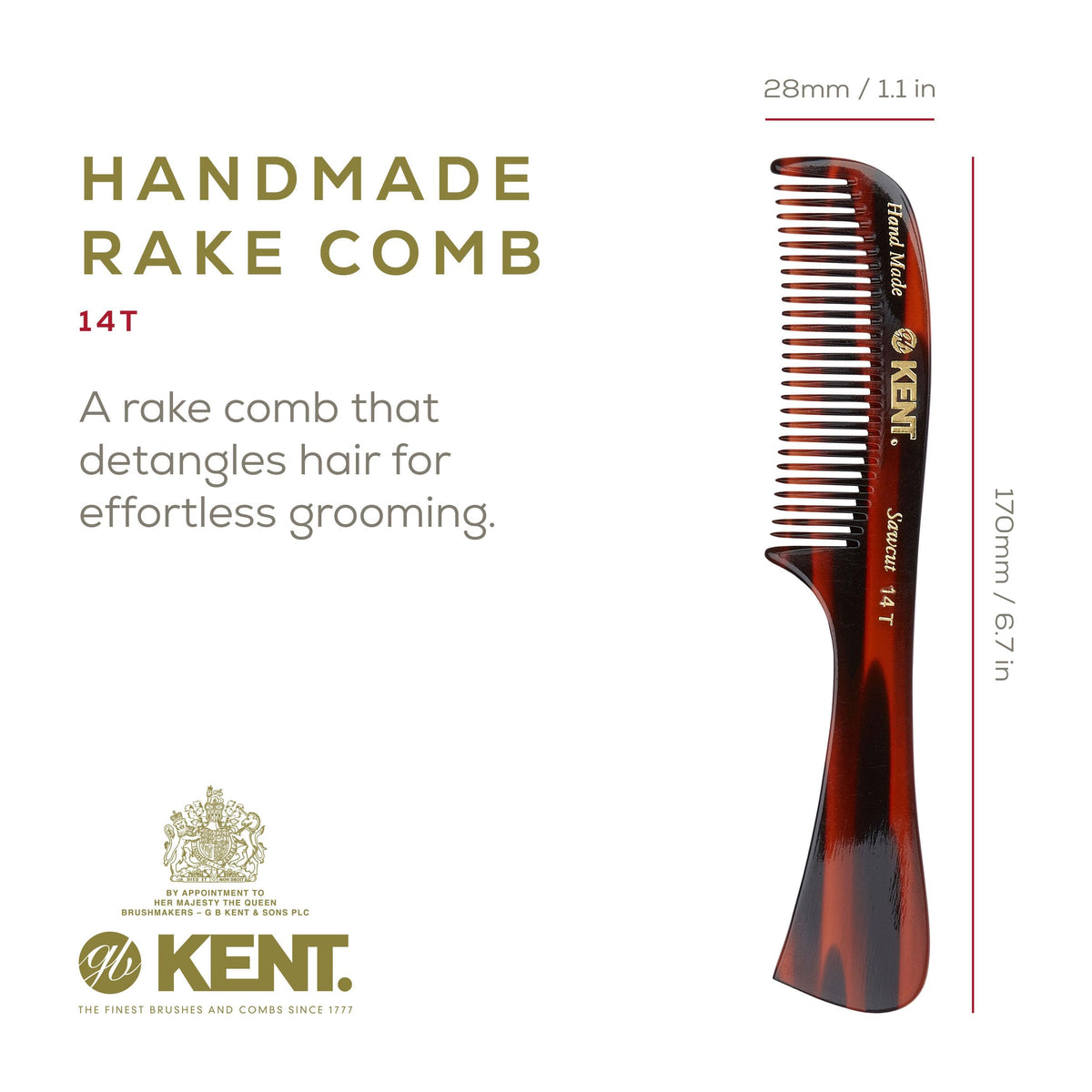 Kent 14T Tortoise Large Detangling Comb, Wide Teeth for Long Thick Curly Wavy Hair. Hair Detangler Comb For Wet and Dry. Saw-Cut from Cellulose and