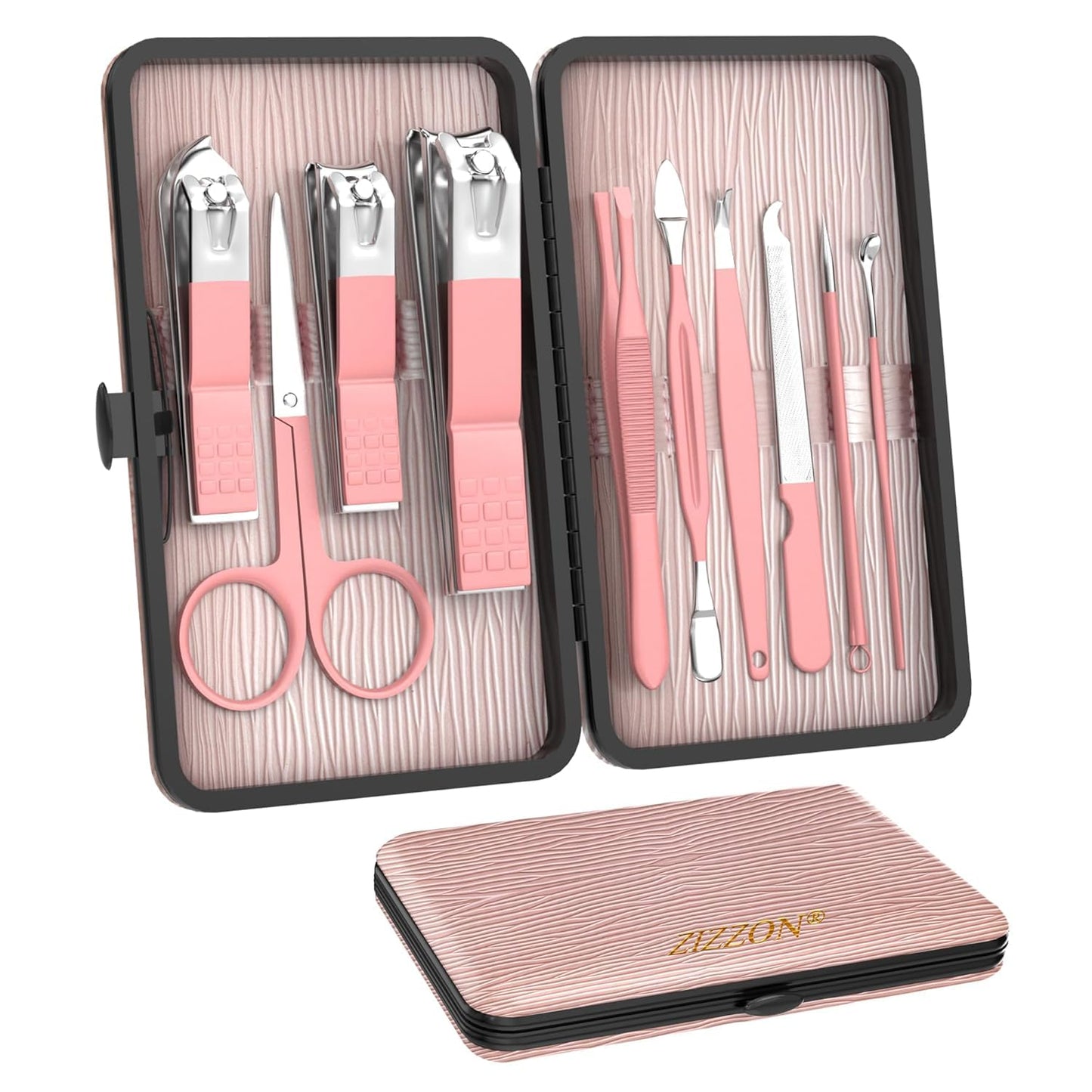 ZIZZON Travel Mini Manicure Set Nail Clipper Set 10 in 1 Stainless Steel Pedicure Care Grooming kit with Case Pink Beauty & Personal Care ZIZZON