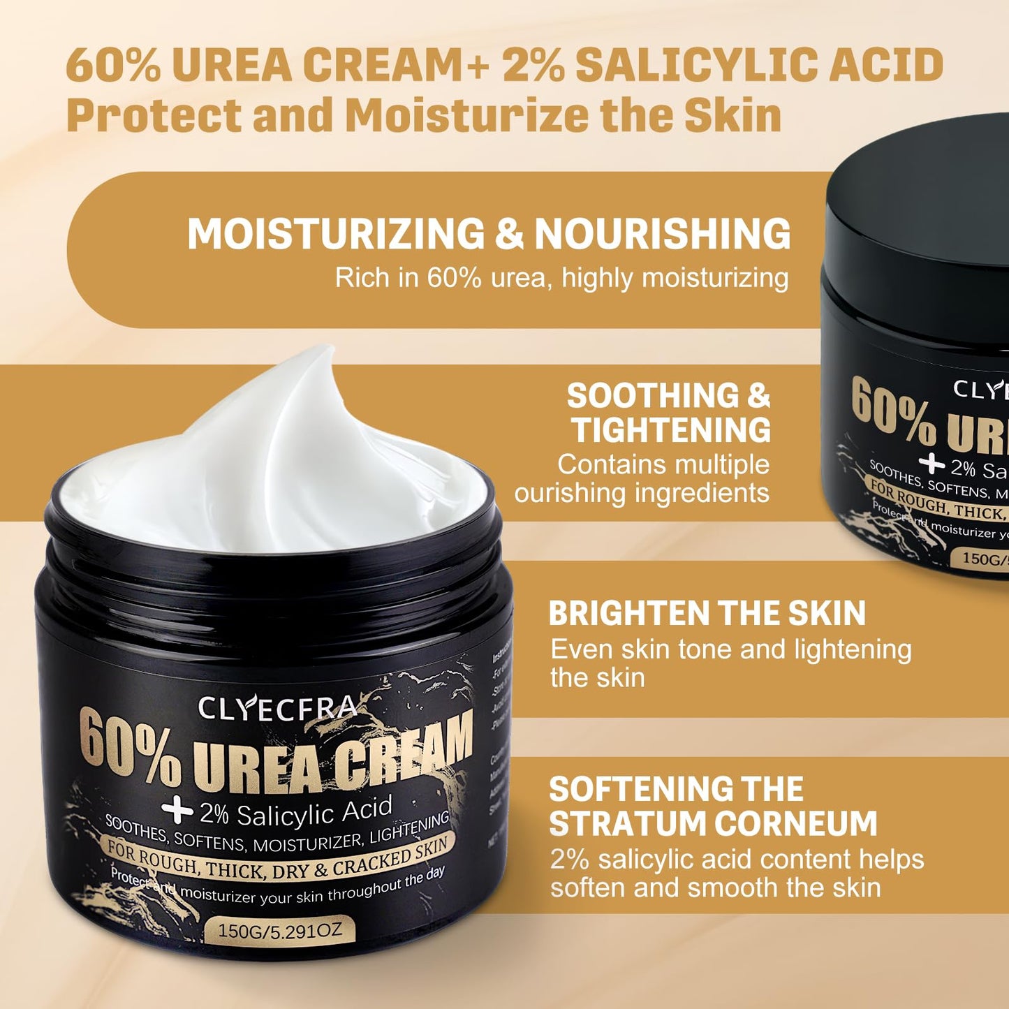 Clyecfra 2Pack 60% Urea Cream with 2% Salicylic Acid, Urea Cream 60 Percent for Feet & Hands- Maximum Strength Moisturizer for Rough, Dry, Thick Beauty and Personal Care Clyecfra
