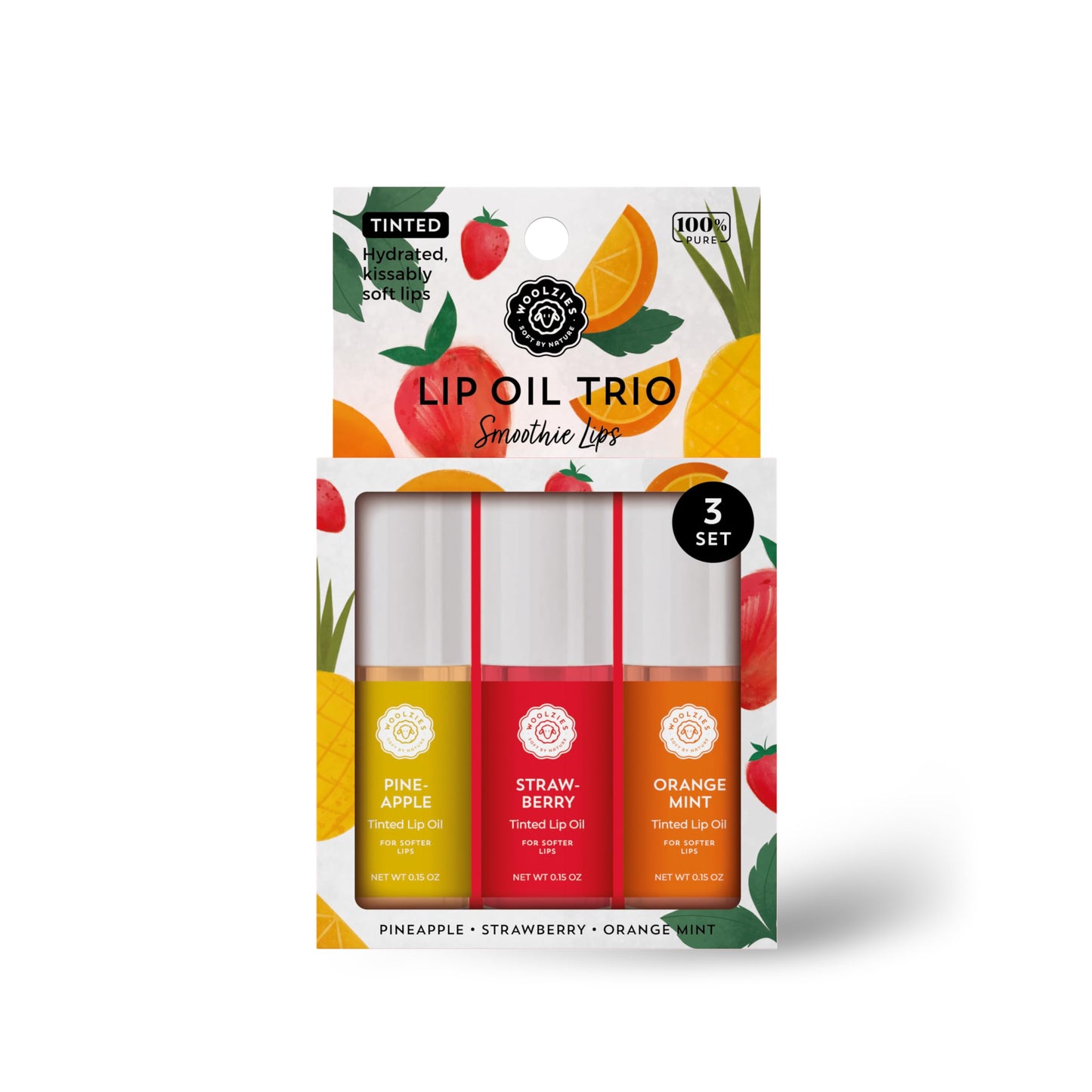 Woolzies All-Natural Lip Oils - Flavored Assortments - Moisturizing with Beautiful Tints Set of 3 (3 Pack, Smoothie Lips) Beauty and Personal Care Woolzies