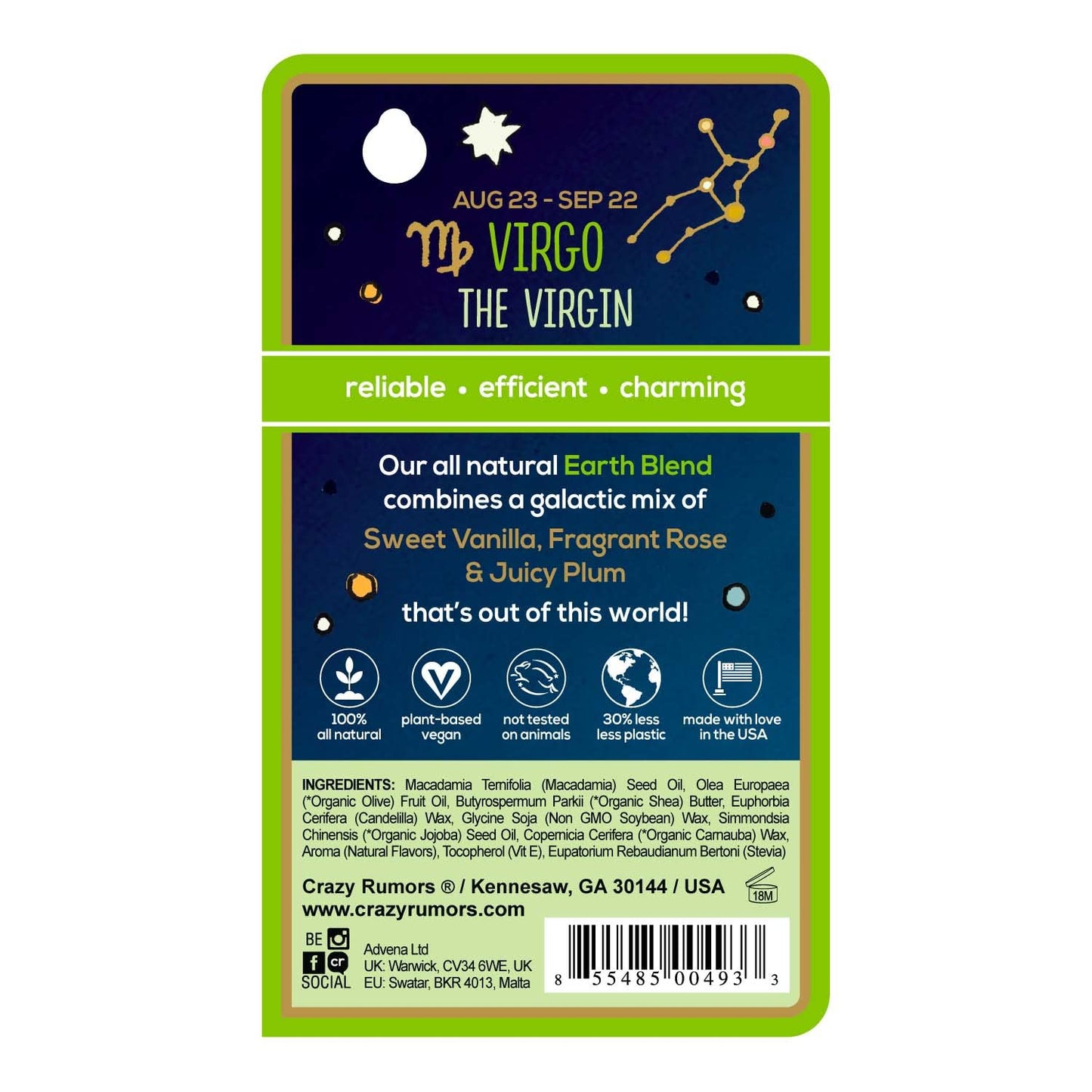 Crazy Rumors Virgo Zodiac All Natural, Plant Based Lip Balm to Moisturize and Nourish your Lips - Earth Blend (Sweet Vanilla, Fragrant Rose and Plum) Beauty and Personal Care Crazy Rumors