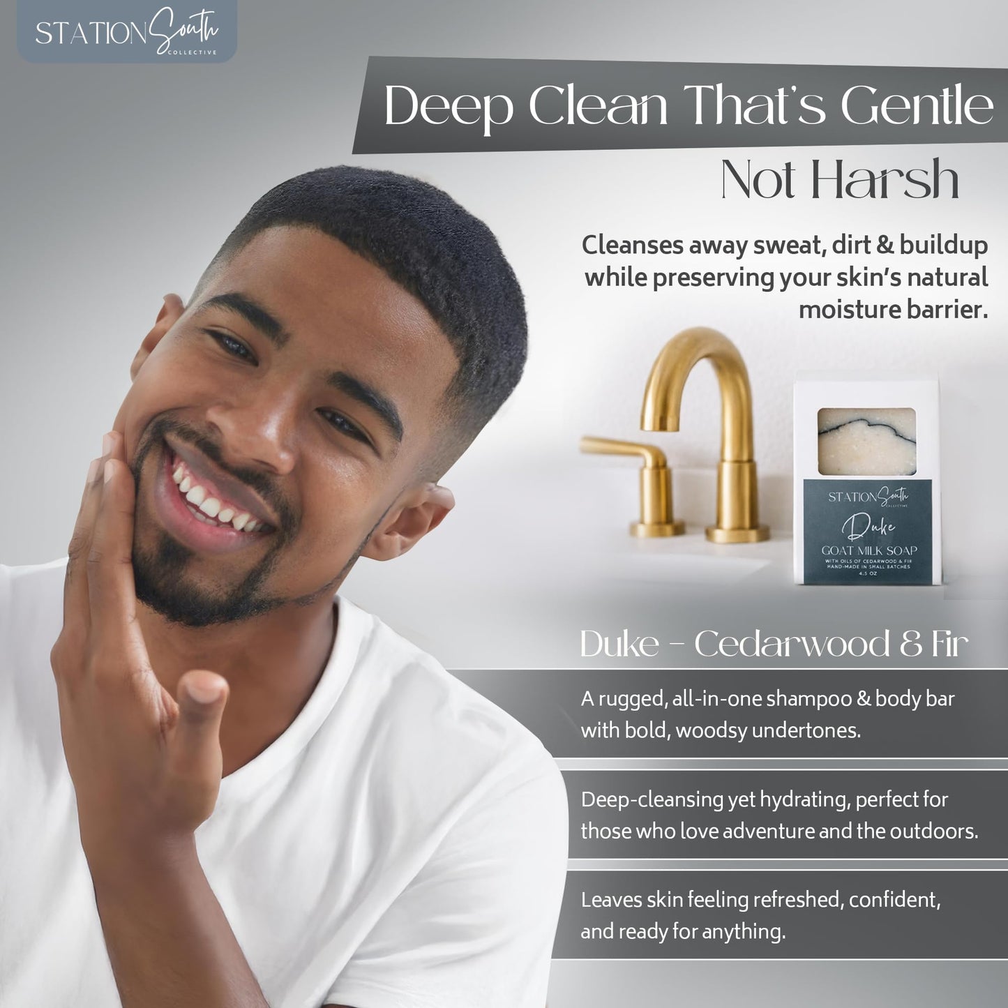 Station South Collective Duke Goat Milk Soap Bar - Men’s 2-in-1 Shampoo & Body Bar, Moisturizing & Deep Cleansing, Hydrating Goat Milk Soap, Woodsy Beauty & Personal Care Station South Collective