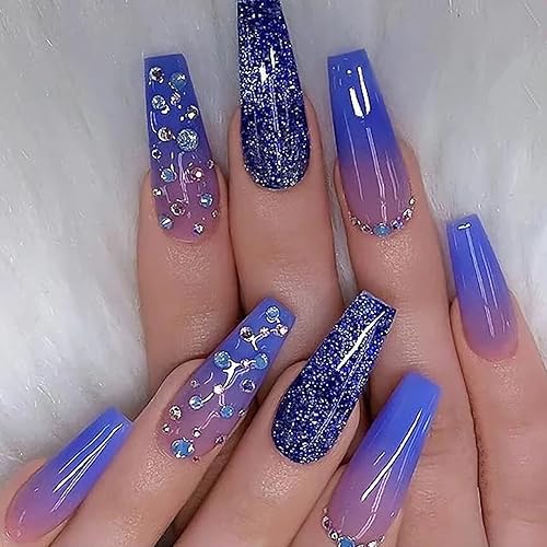 BABALAL Coffin Press on Nails Long Fake Nails with Nail Glue Blue Purple Glue on Nails 24Pcs Glitter Acrylic Nails Ballerina Stick on Nails Beauty & Personal Care BABALAL