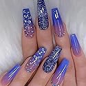 BABALAL Coffin Press on Nails Long Fake Nails with Nail Glue Blue Purple Glue on Nails 24Pcs Glitter Acrylic Nails Ballerina Stick on Nails Beauty & Personal Care BABALAL