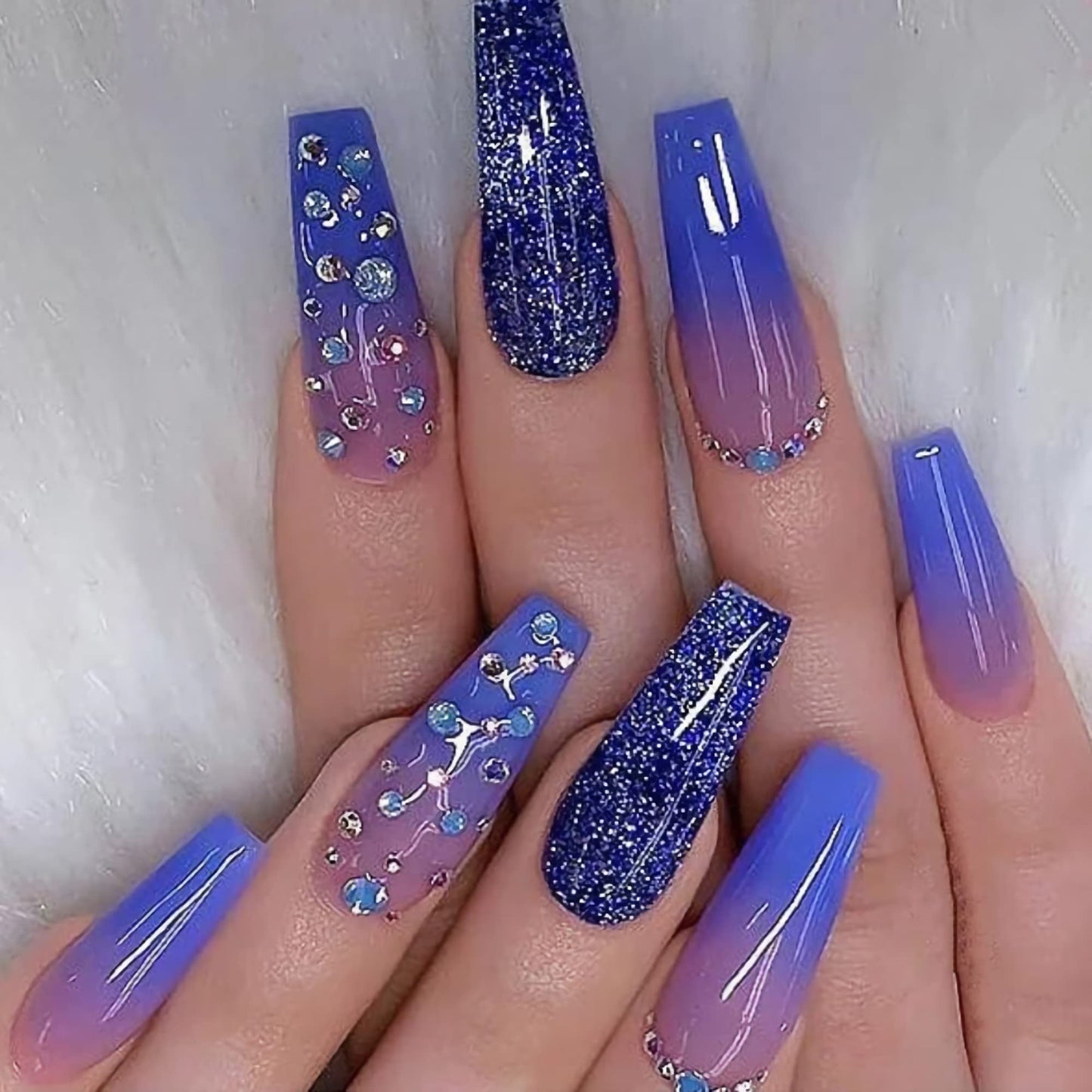 BABALAL Coffin Press on Nails Long Fake Nails with Nail Glue Blue Purple Glue on Nails 24Pcs Glitter Acrylic Nails Ballerina Stick on Nails Beauty & Personal Care BABALAL