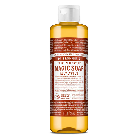 Dr. Bronner's Pure-Castile Magic Soap Liquid (Eucalyptus, 8 Ounce) - Made with Regenerative Organic Certified Oils, 18-in-1 Uses: Face, Body, Hair Beauty & Personal Care Dr. Bronner's