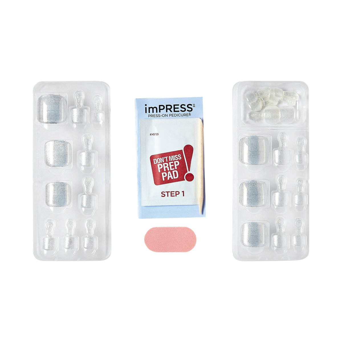 KISS Impress Premium No Glue Pedi Press-On Toenails, Sparkling White Silver, Silver Glitter, Squoval Shape, Includes 24 Nails, Prep Pad, 1 Manicure