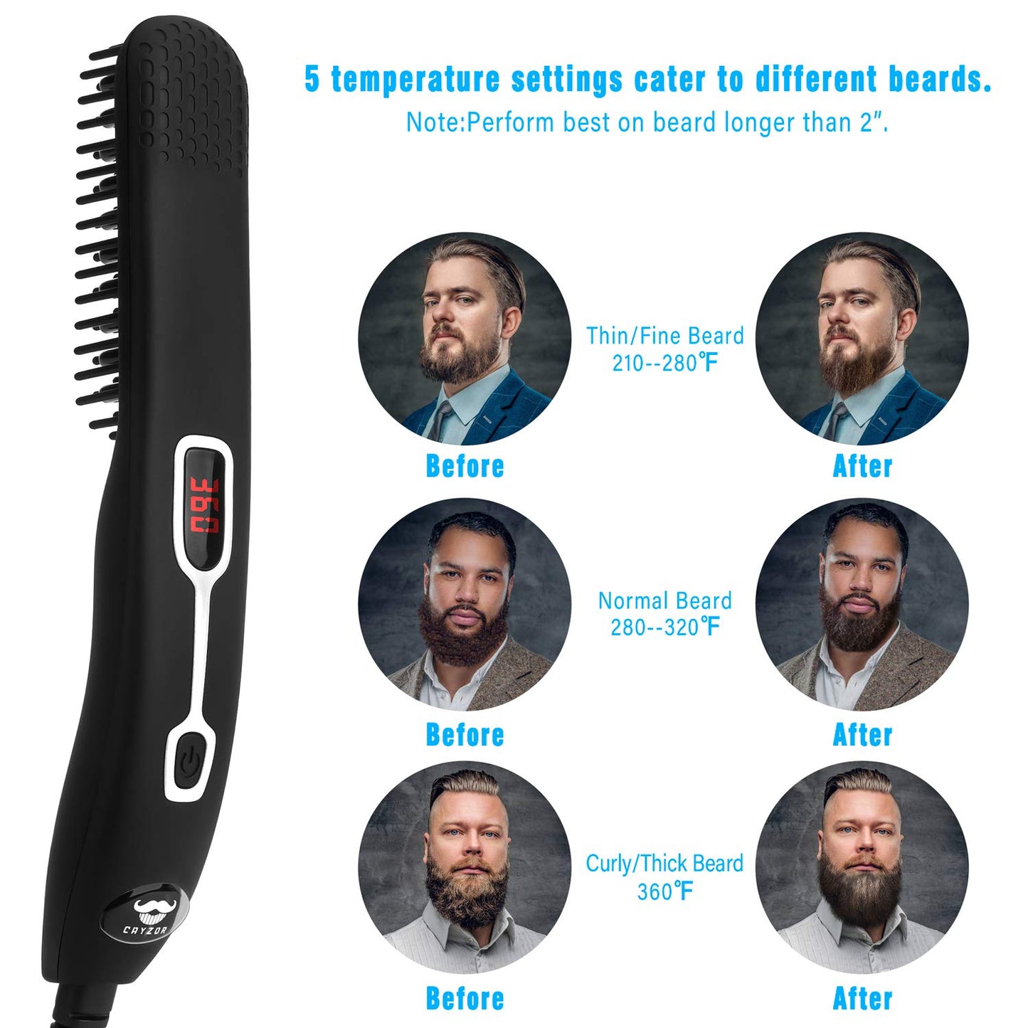 Cayzor Beard Straightener Comb for Men - Upgraded Professional Electric Mens Beard Straightening Heated Brush Portable Anti-Scald 5 Adjustable Beauty and Personal Care Cayzor