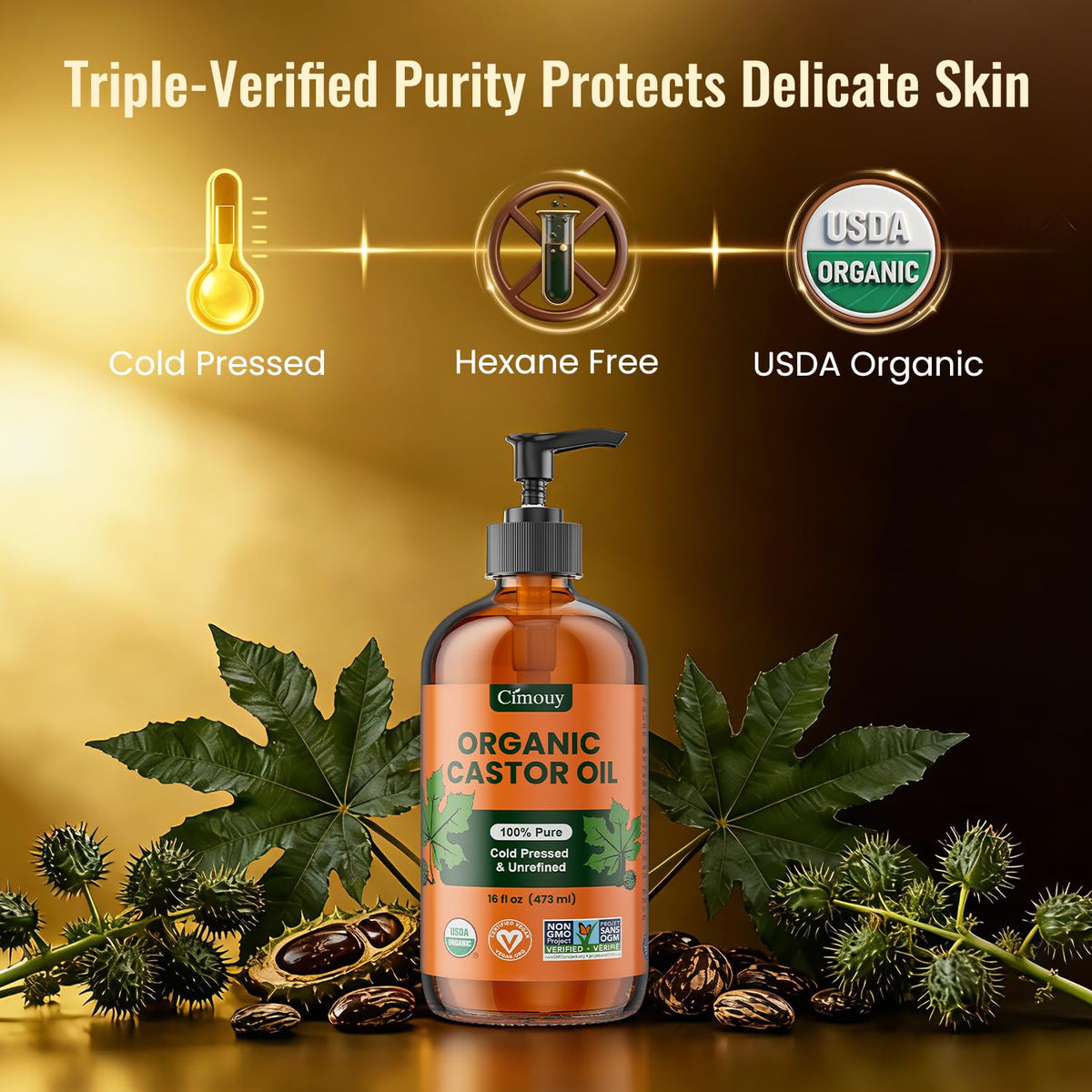 Cimouy USDA Organic Castor Oil Glass Bottle 16oz,100%Pure,Vegan,Hexane Free