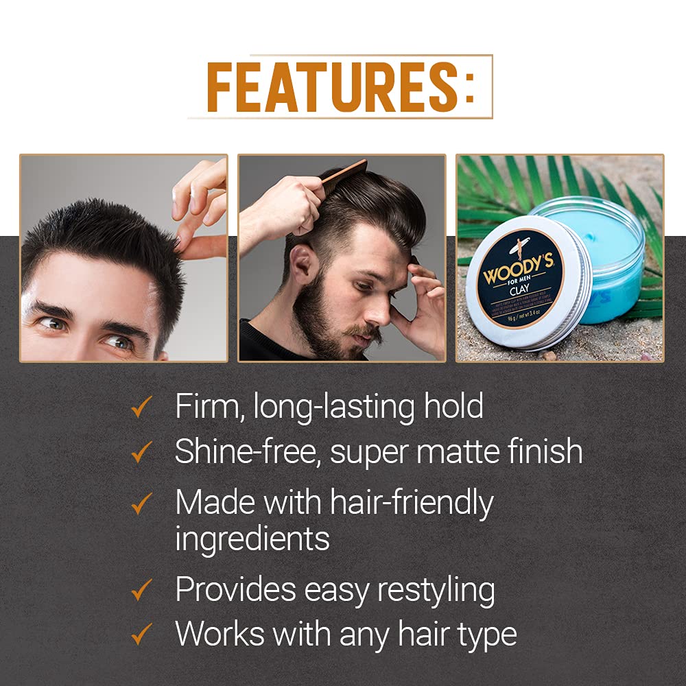 Woody's Premium Hair Clay for Men - Matte Finish, Pomade for Men Stronghold, Texturizing & Sculpting Hair Styling Clay, Flexible Control, 3.4 oz Beauty & Personal Care Woody's