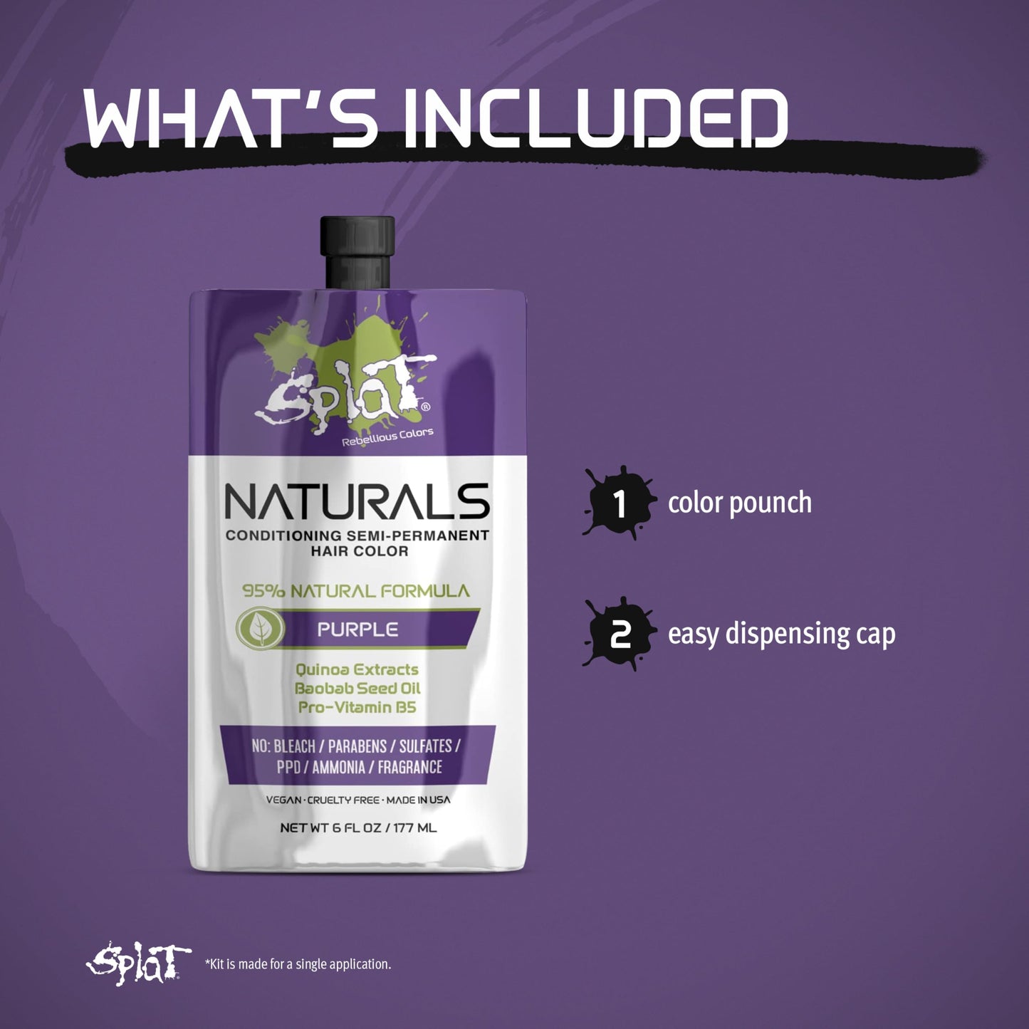 Splat Naturals Semi-Permanent Hair Color, Purple, 6 fl. oz., 95% Natural Hair Dye Formula Lasts Up to 30 Washes, Vegan & Cruelty-Free Beauty & Personal Care Splat