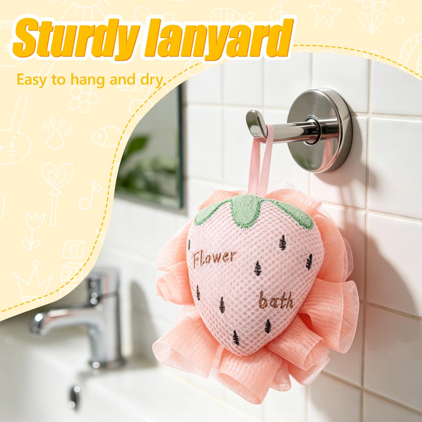 Kids Loofah, Cute Cartoon Animal Kids Bath Sponge with Hanging Rope, Soft Double Mesh for Rich Lather (Pink Strawberry) Beauty and Personal Care Taolivingmart
