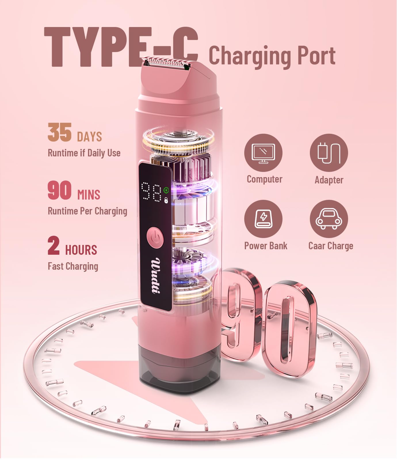 Dual Head Electric Bikini Trimmer for Women: IPX7 Waterproof Lady Shaver with LED Display - Rechargeable Pubic & Body Hair Razor - Rococo Pink Beauty and Personal Care Dynooper