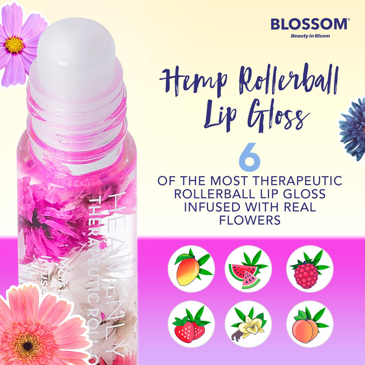 Blossom Roll on Lip Gloss, Scented Clear High Shine Moisturizing Lip Oil, Non Sticky, Infused with Real Flowers, Made in USA, 0.2oz, Watermelon Hemp Beauty & Personal Care Blossom