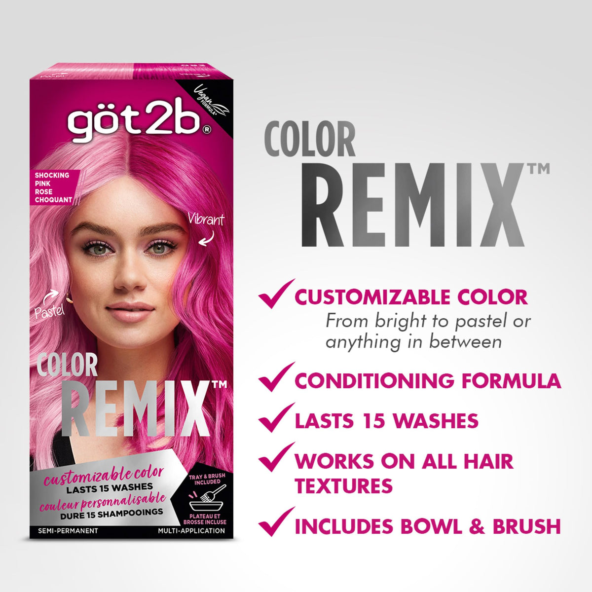got2b Color Remix Semi-Permanent Hair Color, Shocking Pink 093, Customizable Temporary Hair Dye to Create A Vibrant or Pastel Shade, Easy At-Home Beauty & Personal Care Got2B