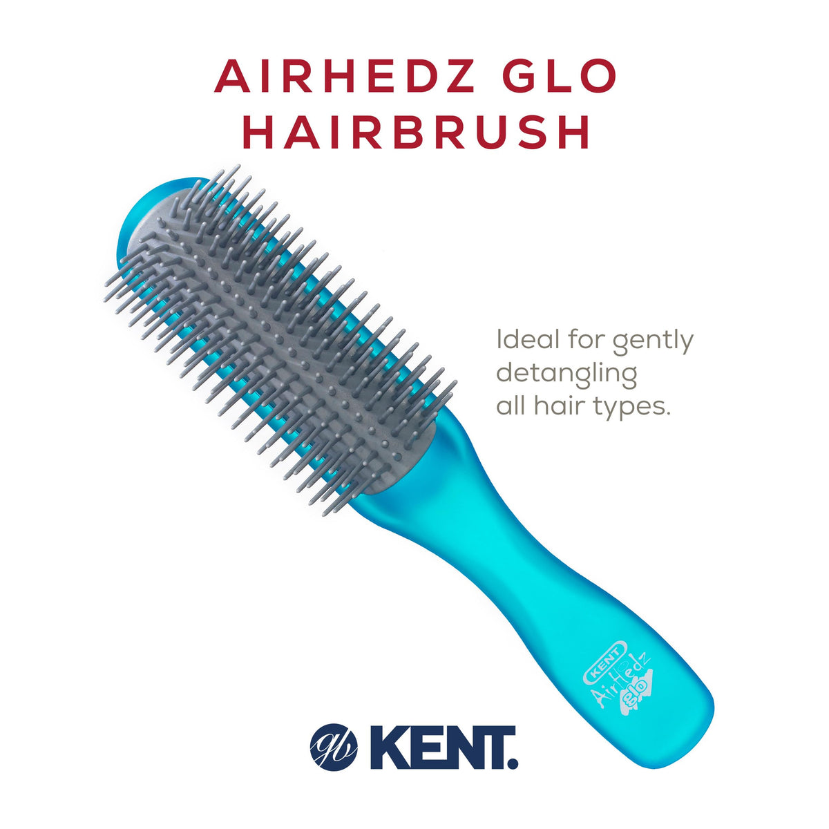 Kent AHGLO01 Airhedz Glo Blue Half Round Narrow Detangling Hair Brush - 9 Row Ionic Anti Static Non Scratch Long Nylon Bristle Great for Detangling