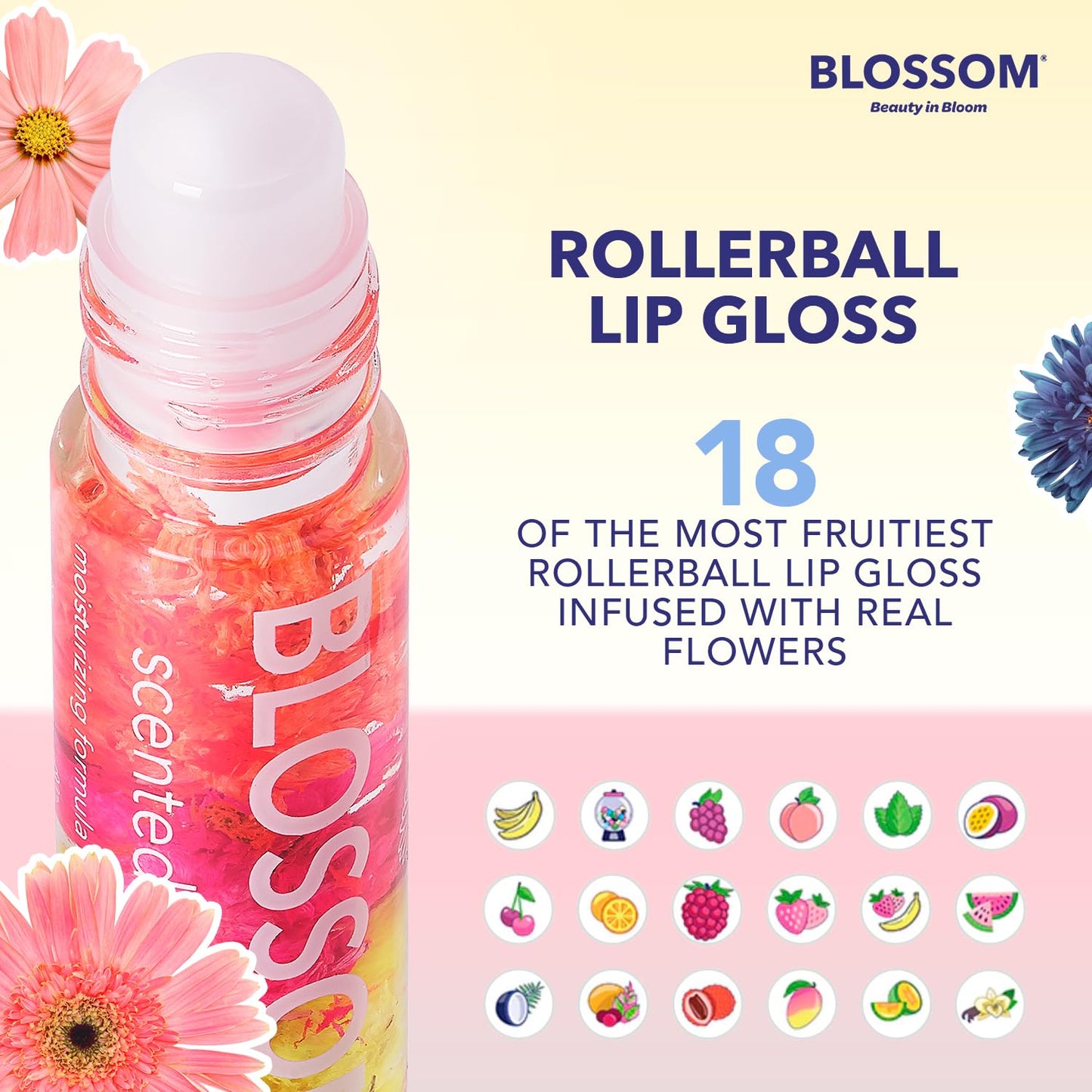 Blossom Roll on Lip Gloss, Scented Clear High Shine Moisturizing Lip Oil, Non Sticky, Infused with Real Flowers, Made in USA, 0.3 fl. oz./9ml, 3 pack Beauty & Personal Care Blossom