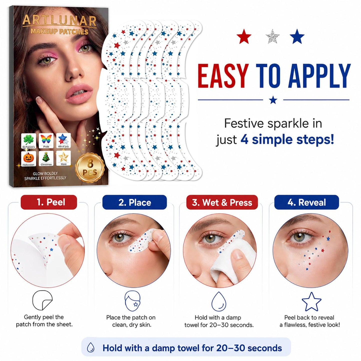 Artlunar 8 Pcs Red White Blue Star Freckle Stickers with Silver Glitter Powder for Face, 4th of July Glitter Face Stickers for Women Kids, Patriotic Beauty & Personal Care Artlunar