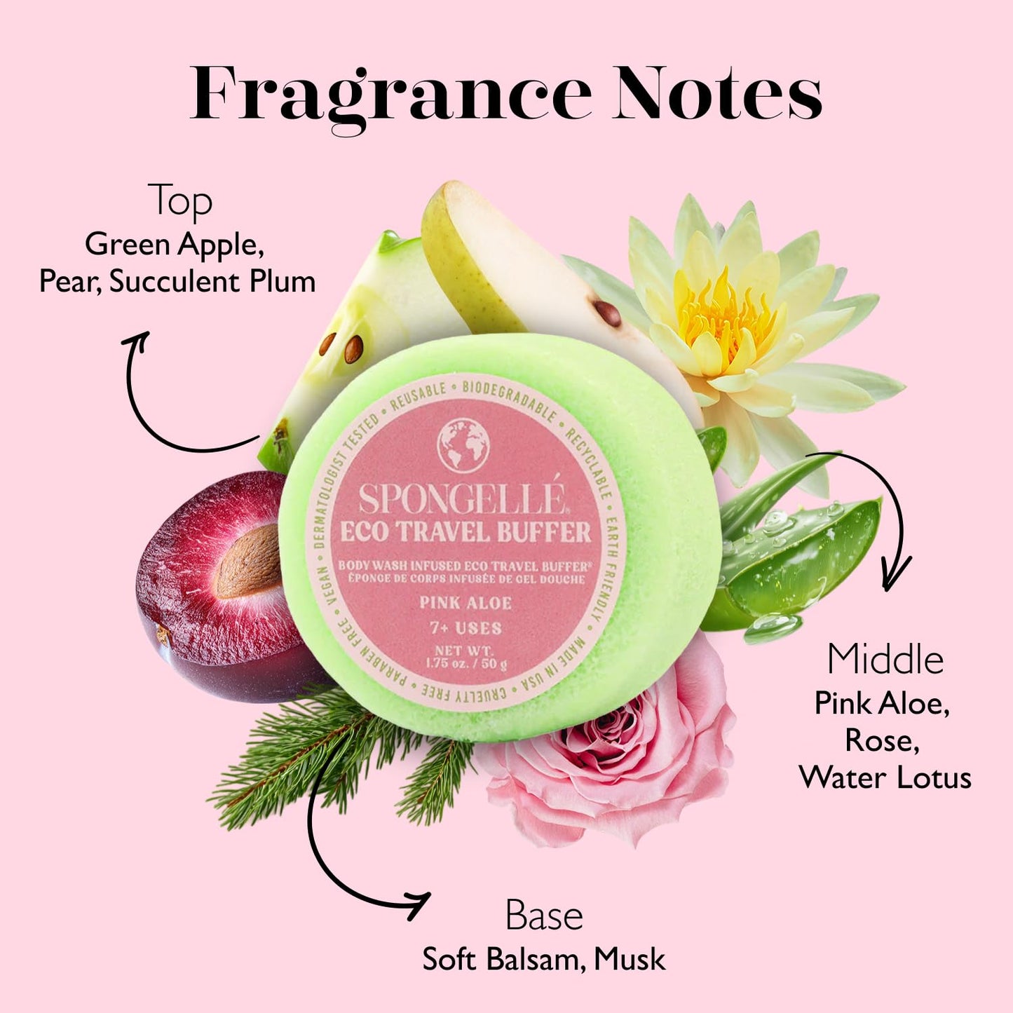 Spongelle Pink Aloe Eco Collection Travel Body Buffer Body Scrubber - Bath & Shower Loofah for Men & Women - Biodegradable, Cruelty-Free, Vegan Beauty and Personal Care SPONGELLÉ