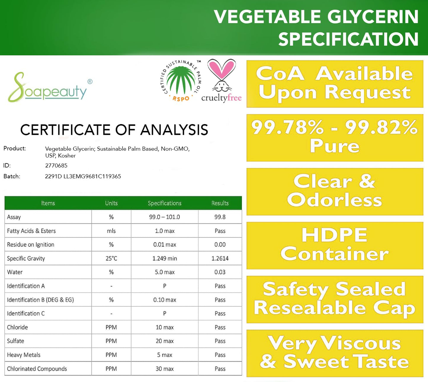 Soapeauty Vegetable Glycerin USP Grade | Non-GMO Pure Glycerin for Skin Care, Hair Care, Soap Making & DIY Formulations | 32 oz Beauty & Personal Care Soapeauty