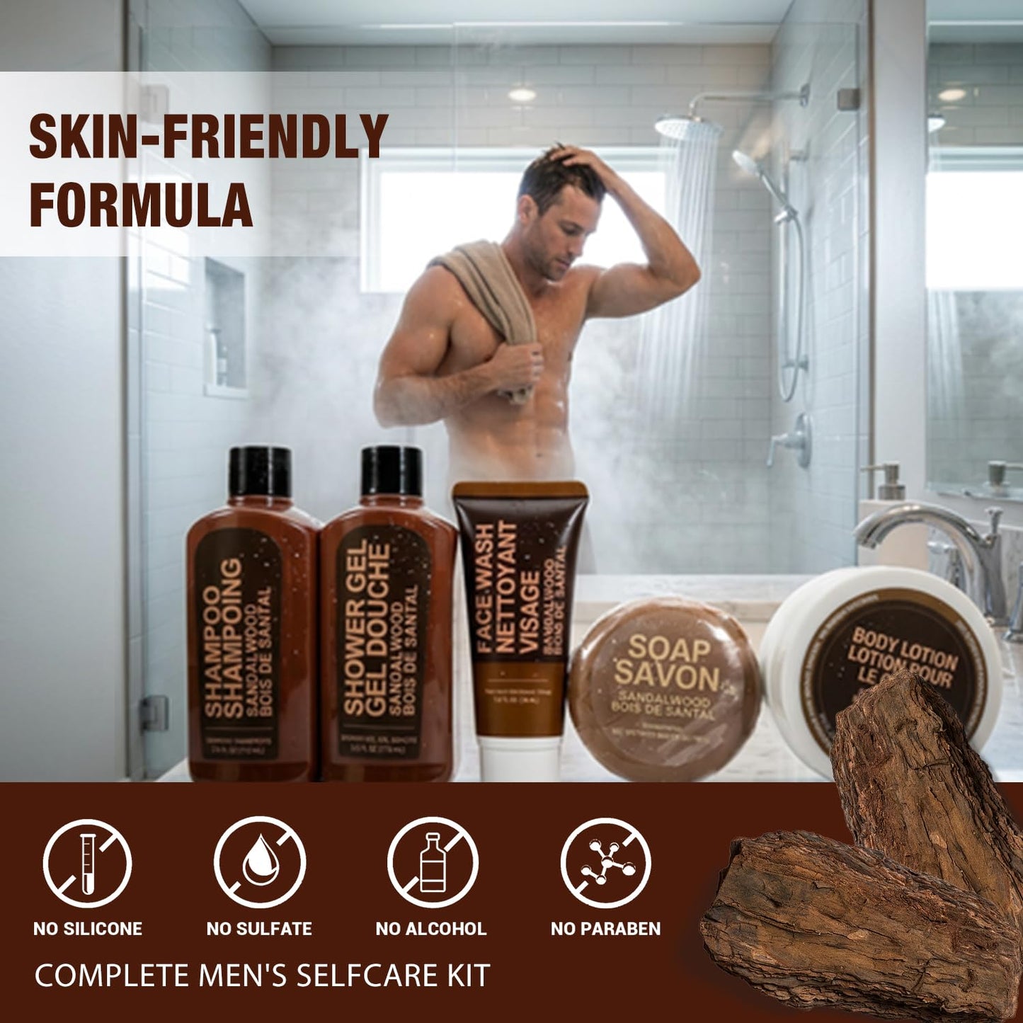 Gifts for Men 6pcs Sandalwood Gift Set Travel Size Toiletry with Shampoo, Body Lotion, Mens Gift Birthday Anniversary Gift Sets for Men, Christmas Beauty and Personal Care BODY & EARTH