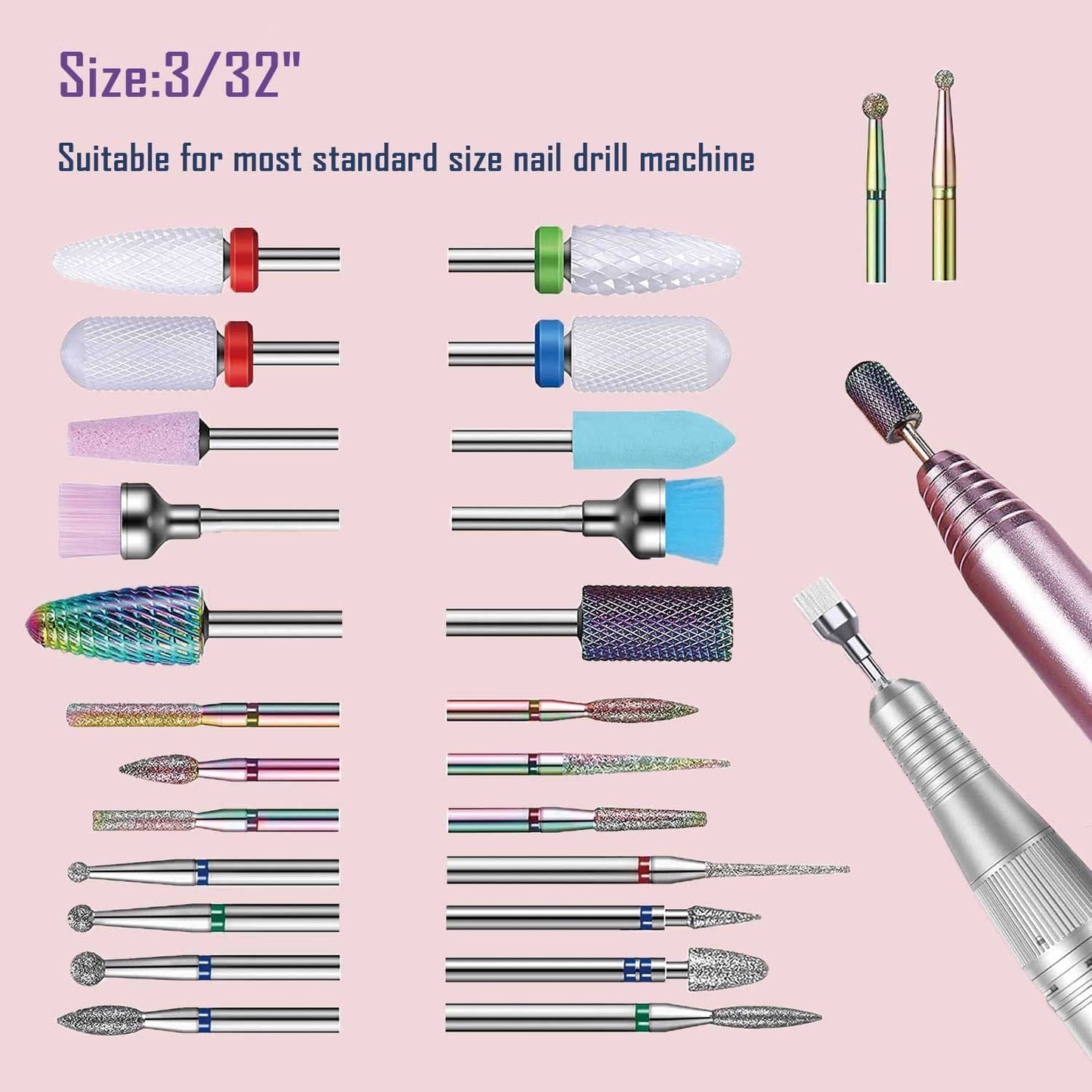 Nail Drill Bits Set, 3/32" Ceramic Tungsten Carbide Diamond Drill Kit,30Pcs Safety Professional Rotary Burrs Polish Nail File Bit for Acrylic Poly Beauty & Personal Care Bunhum