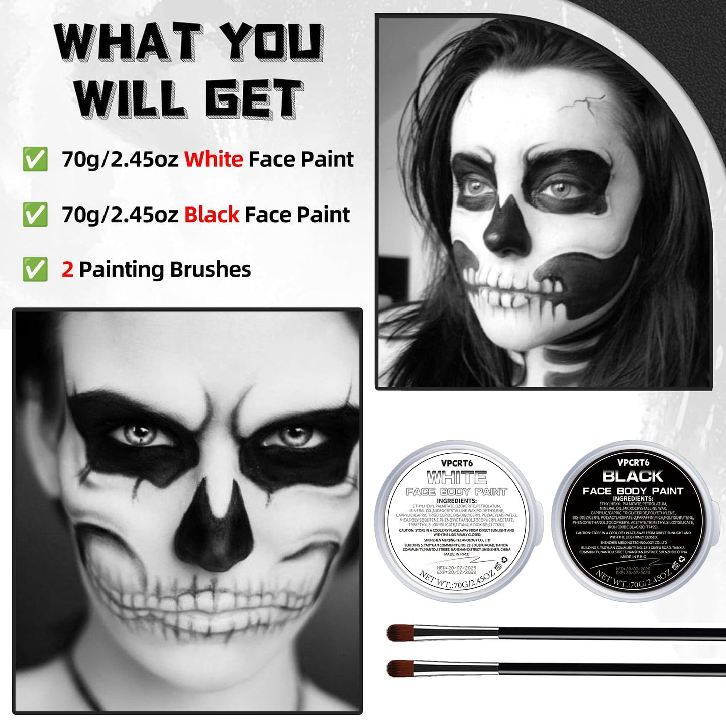 Halloween White Black Oil Face Body Paint Set, Halloween Skeleton Makeup Kit with 2 Brushes, Professional Black White Face Body Painting Kit Beauty & Personal Care VPCRT6