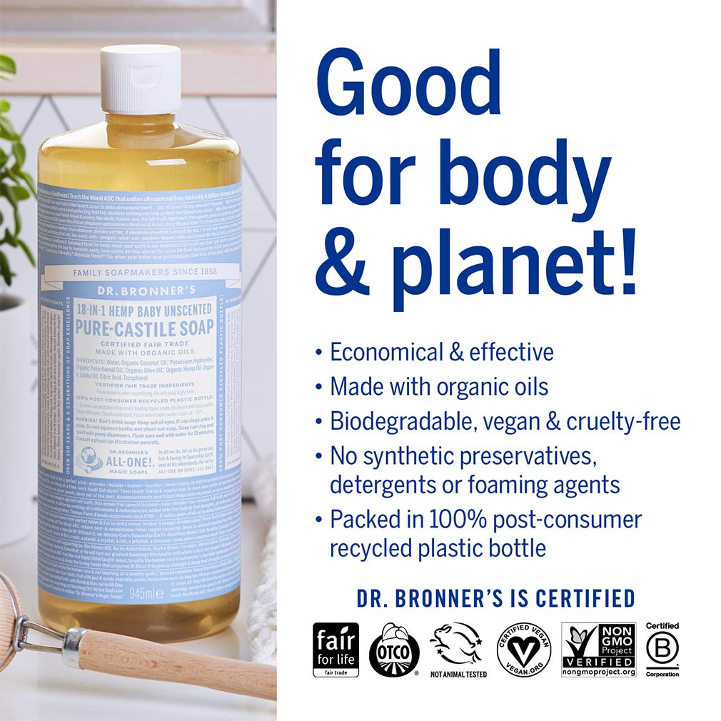 Dr. Bronner's - Pure-Castile Liquid Soap (Baby Unscented, 32 ounce) - Made with Organic Oils, 18-in-1 Uses: Face, Hair, Laundry and Dishes Beauty & Personal Care Dr. Bronner's