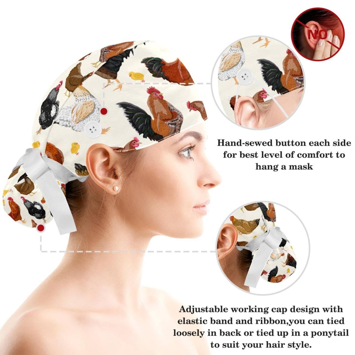 Women Working Cap with Sweatband, Roosters and Chickens Ponytail Pouch Scrub Hats with Elastics Beauty and Personal Care Niaocpwy