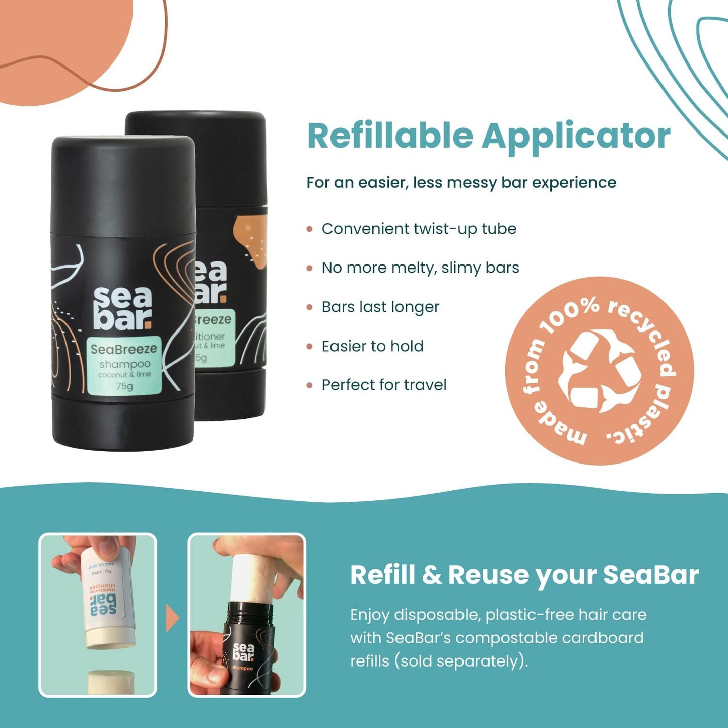 SeaBar Shampoo and Conditioner Bar Set with Refillable Applicator - Salon-Quality Cleanse & Condition - Volume & Soft, Manageable Lengths - Sulfate Beauty & Personal Care SeaBar