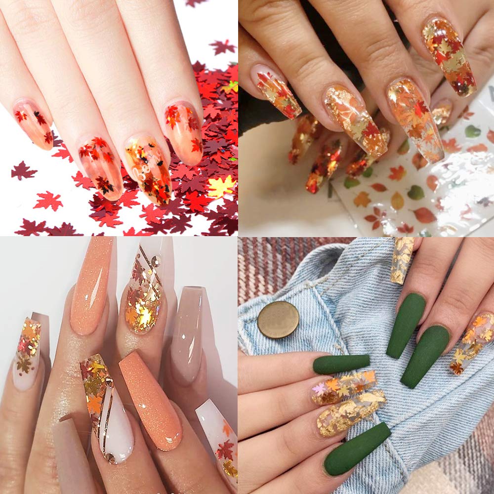 12 Colors Fall Leaf Glitter Nail Sequins - 3D Maple Leaf Holographic Nail Art Flakes Colorful Confetti Glitter Sticker Decals Manicure Nail Art Design Beauty & Personal Care Qdsuh
