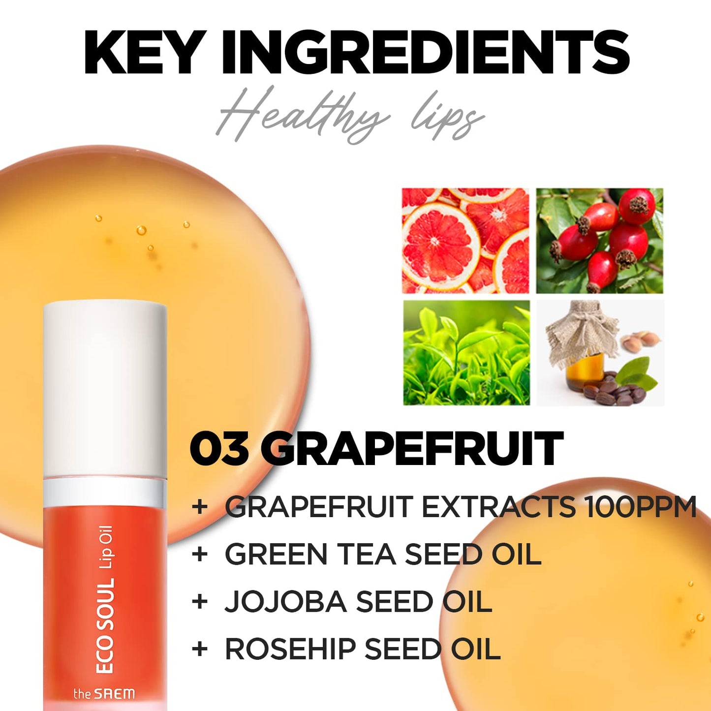 THESAEM Eco Soul Lip Oil 03 Grapefruit - Plumping & Hydrating Lip Oil to Nourish & Moisturize Lips - Grapefruit Extract & Jojoba Oil - Lips Soft Beauty and Personal Care THESAEM