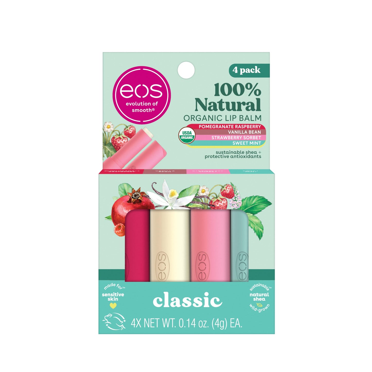 eos 100% Natural & Organic Lip Balm Sticks- Strawberry Sorbet, Vanilla Bean, Sweet Mint & Pomegranate Raspberry, Lip Care Products, 0.14 oz, 4-Pack Beauty & Personal Care eos