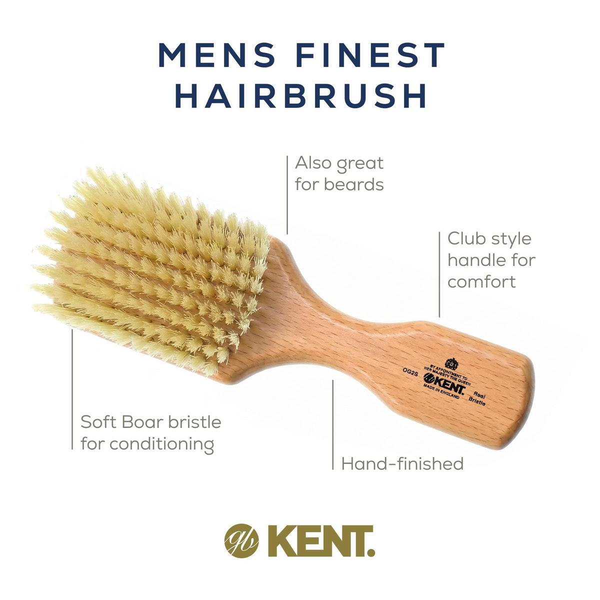 Kent OG2S Beechwood Soft Bristle Hair and Facial Brush for Beard Care - Exfoliating Soft White Natural Boar Bristle Brushs for Mens Grooming, Hair