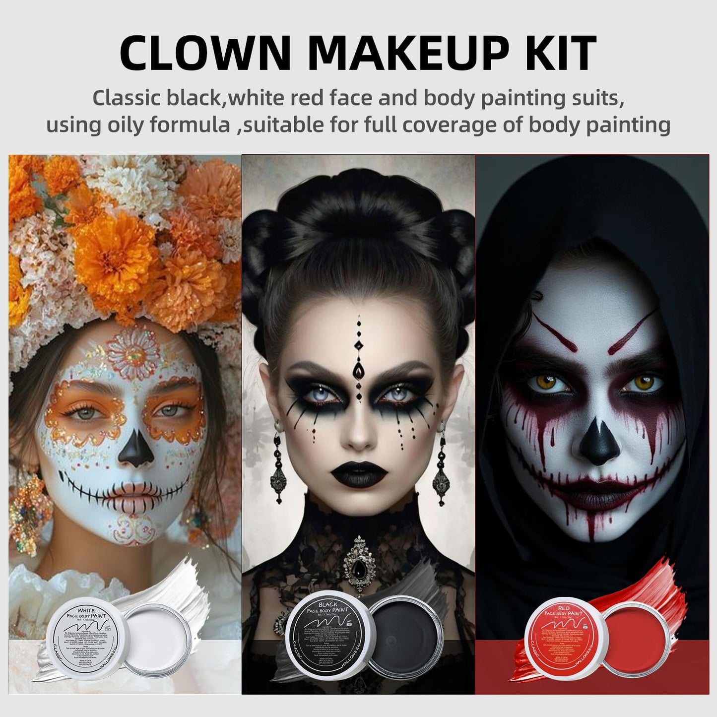 Clown Makeup Kit, White Black Red Face Body Paint Set, Halloween Clown Joker Makeup Kit, Professional Black, White and Red Face Painting Kit Beauty & Personal Care Js2U ZW