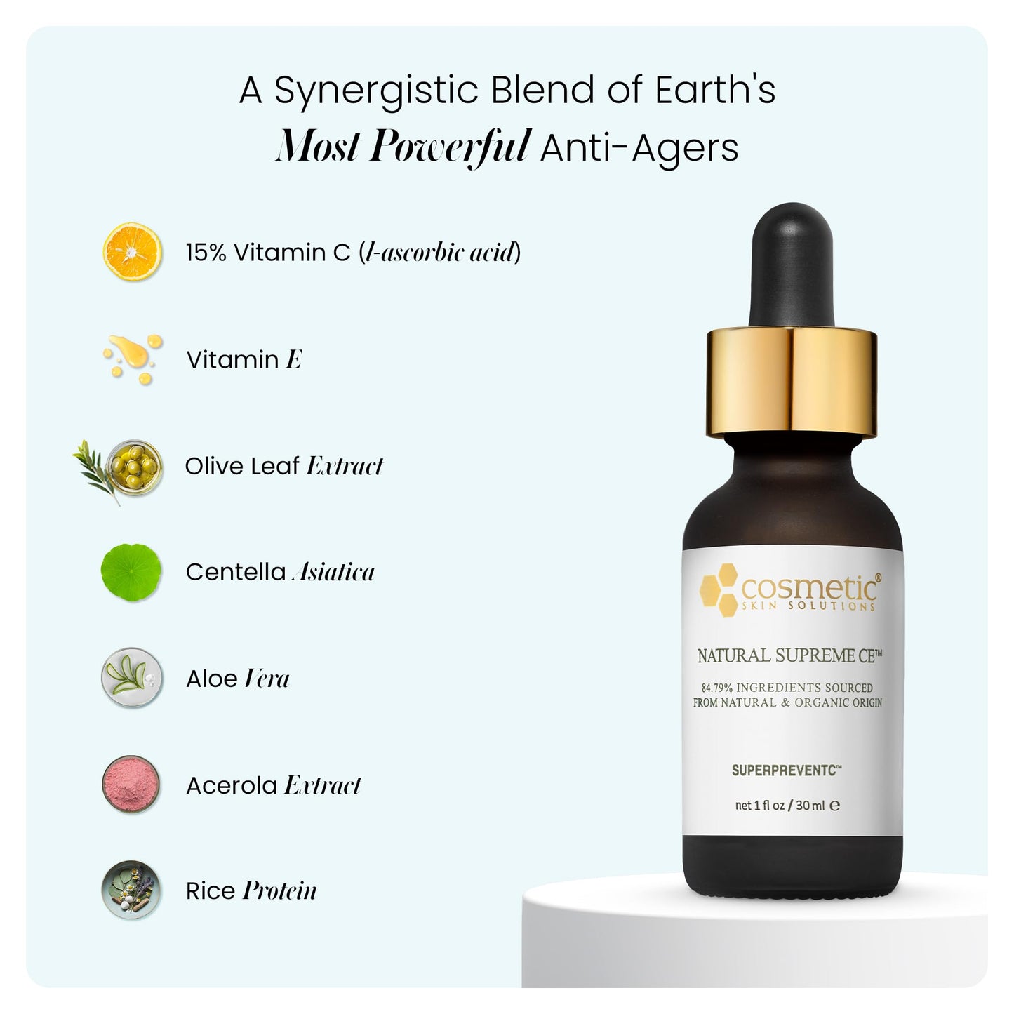 Natural Supreme CE - 15% Vitamin C Face Serum with Vitamin E, Aloe Vera & Organic Extracts - Hydrating and Firming Antioxidant Serum for Smooth Beauty & Personal Care Cosmetic Skin Solutions