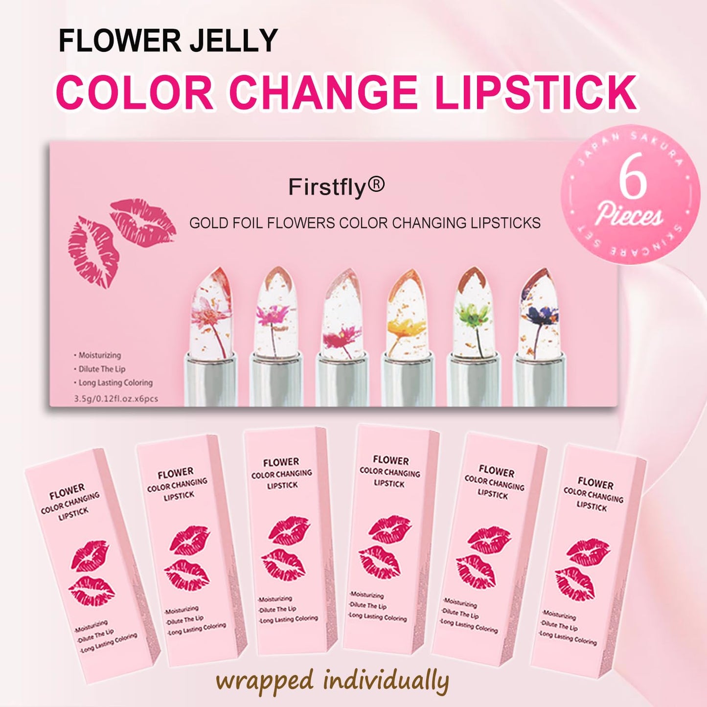 firstfly Pack of 6 Crystal Flower Jelly Lipstick, Long Lasting Nutritious Lip Balm Lips Moisturizer Magic Temperature Color Change Lip Gloss (Pink) Beauty & Personal Care firstfly