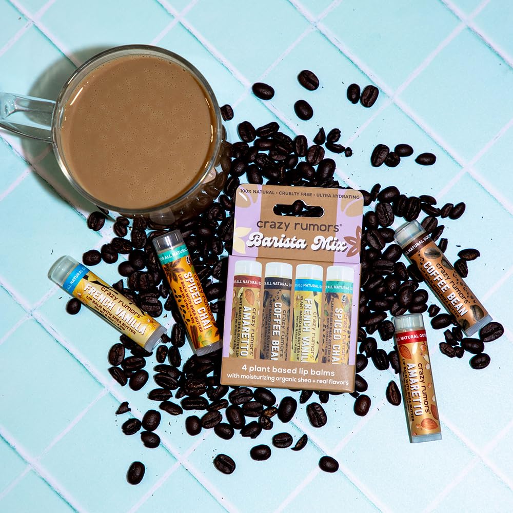 Crazy Rumors Barista Mix Lip Balm 4-Pack Mix (Amaretto, French Vanilla, Coffee Bean & Spiced Chai) 100% Natural, Vegan, Plant-Based, Made in USA Beauty and Personal Care Crazy Rumors
