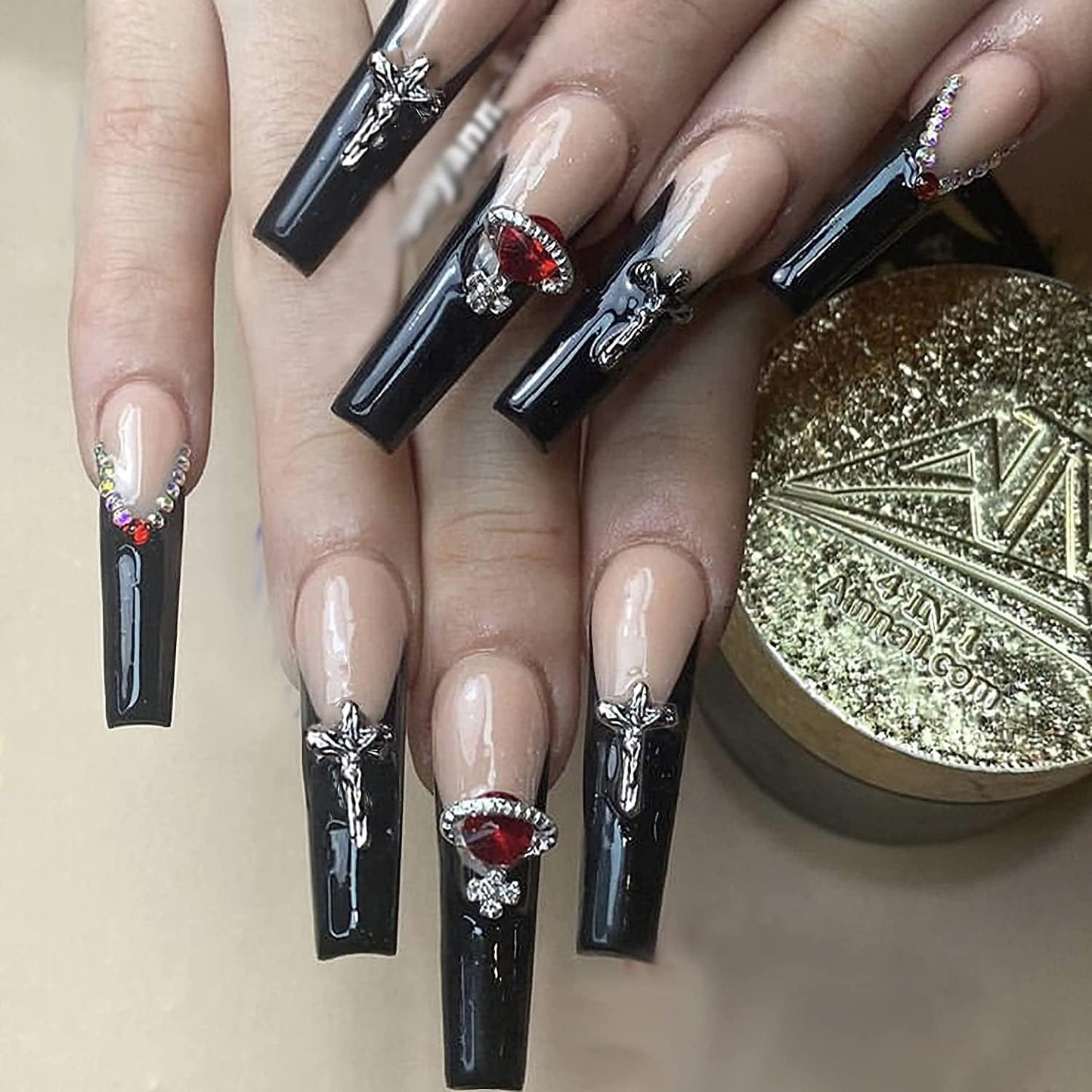 MISUD Press on Nails - Long Coffin Glue on Nails with Goth Black, Acrylic Gothic Cross Design 24 pcs Beauty & Personal Care MISUD