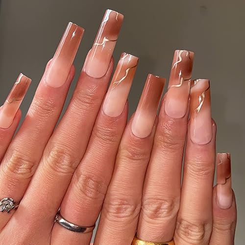 BABALAL Square Press on Nails - Long, Brown Acrylic, Ombre, Glossy Artificial Nails - Squoval Shape, for Women and Girls Beauty & Personal Care BABALAL