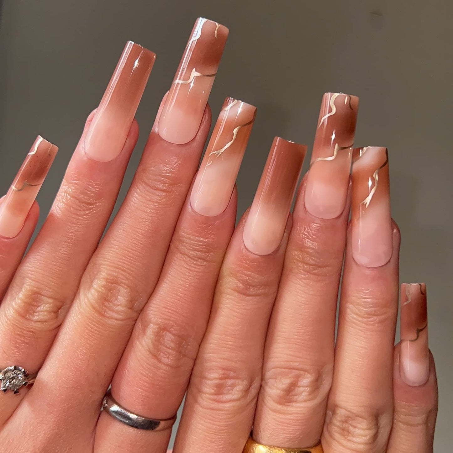BABALAL Square Press on Nails - Long, Brown Acrylic, Ombre, Glossy Artificial Nails - Squoval Shape, for Women and Girls Beauty & Personal Care BABALAL