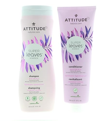 ATTITUDE Super Leaves Moisture Rich Shampoo & Conditioner Bundle With Quinoa, Vitamin B5, Jojoba, Indian Cress, Watercress & Jasmine, Guava, 16 + 8 Fl Beauty & Personal Care ATTITUDE