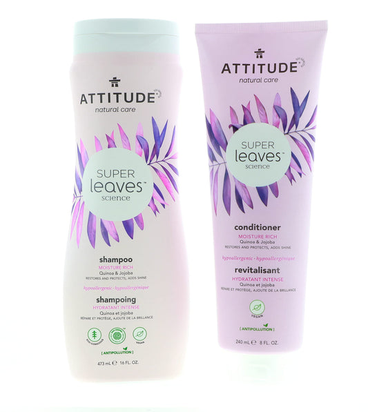 ATTITUDE Super Leaves Moisture Rich Shampoo & Conditioner Bundle With Quinoa, Vitamin B5, Jojoba, Indian Cress, Watercress & Jasmine, Guava, 16 + 8 Fl Beauty & Personal Care ATTITUDE