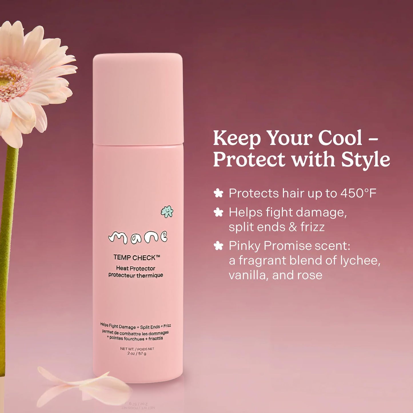 Mane Temp Check Heat Protection Spray for Hair - Anti Frizz Heat Protectant for All Hair Types - Helps Fight Damage, Split Ends & Breakage - Made Beauty & Personal Care Mane