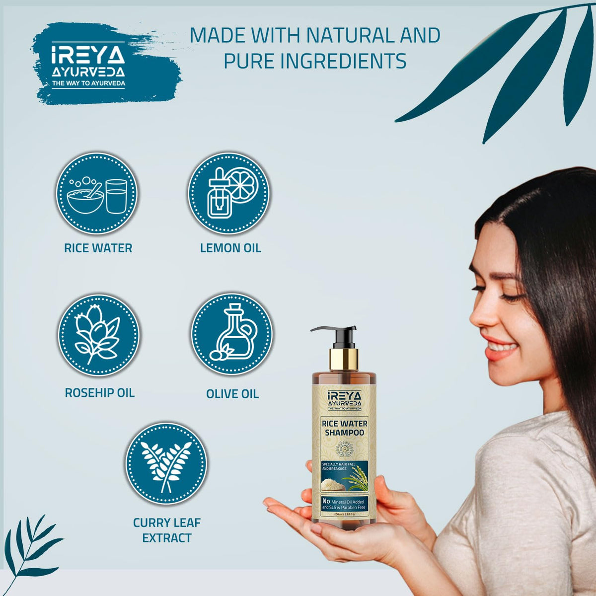 Rice Water Shampoo for hair with Rosehip oil 200ml (6.76oz) for Growth & Smooth Hair | Made with all natural ingredients No minerals Beauty & Personal Care Ireya Ayurveda