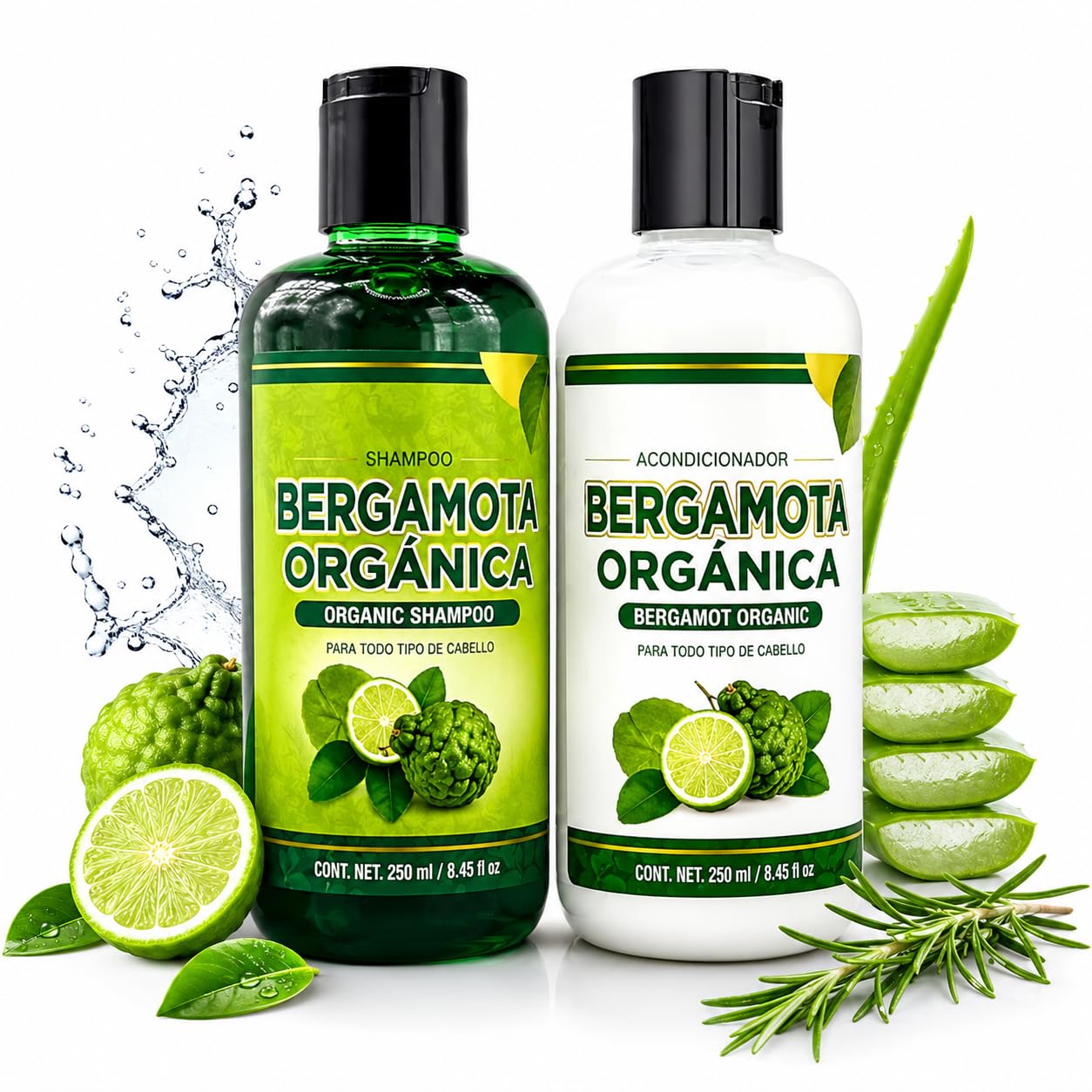 Shampoo Organic Bergamot + Conditioner (16.9 fl oz) with Aloe Vera & Rosemary | SHAMPOO ORGÁNICO BERGAMOTA con Sábila & Romero + Acondicionador - 500 Beauty & Personal Care HIGH SUPREME