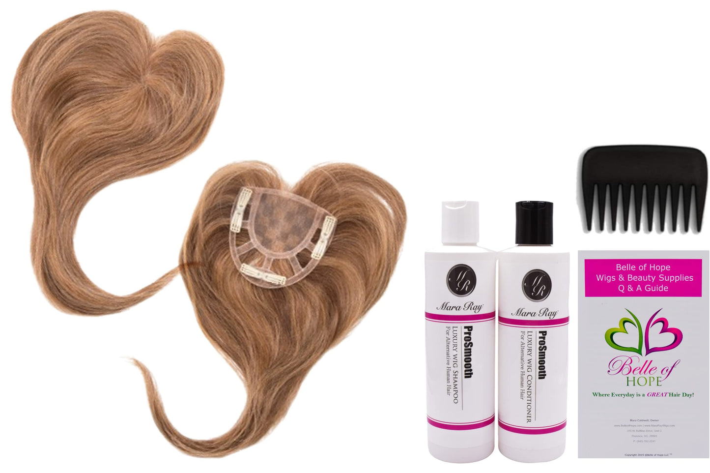 ADD-ON CROWN Human Hair/HF Synthetic Blend Topper by Envy, 5PC Bundle: Topper, 4oz Mara Ray Luxury Shampoo & Conditioner, Wide Tooth Comb, and 19 Page Beauty & Personal Care Belle of Hope Mara Ray