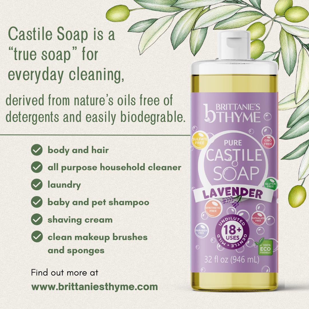 Brittanie’s Pure Castile Liquid Soap Refill, Lavender, 32 Ounce 2 Pack | Dish Soap, Hair & Body, Laundry, Home, Gentle and Pure, Made with Natural Beauty & Personal Care Brittanie's Thyme