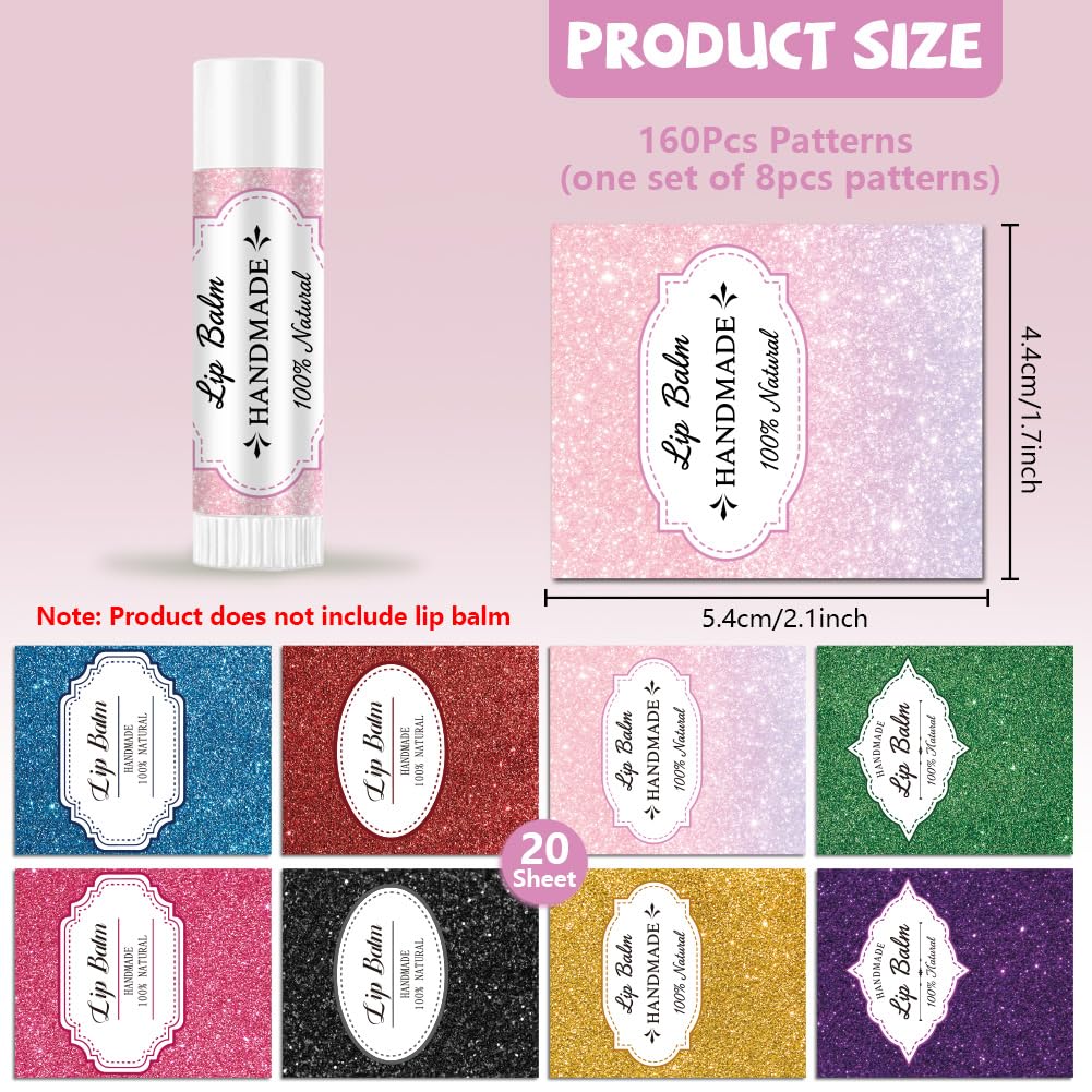 Peacoblue 160Pcs Lip Balm Labels Sticker for Tubes 2.1"x1.7" Various Sequins Glitter, 8 Styles Waterproof Chapstick Labels Glossy for Homemade Lip Beauty and Personal Care peacoblue