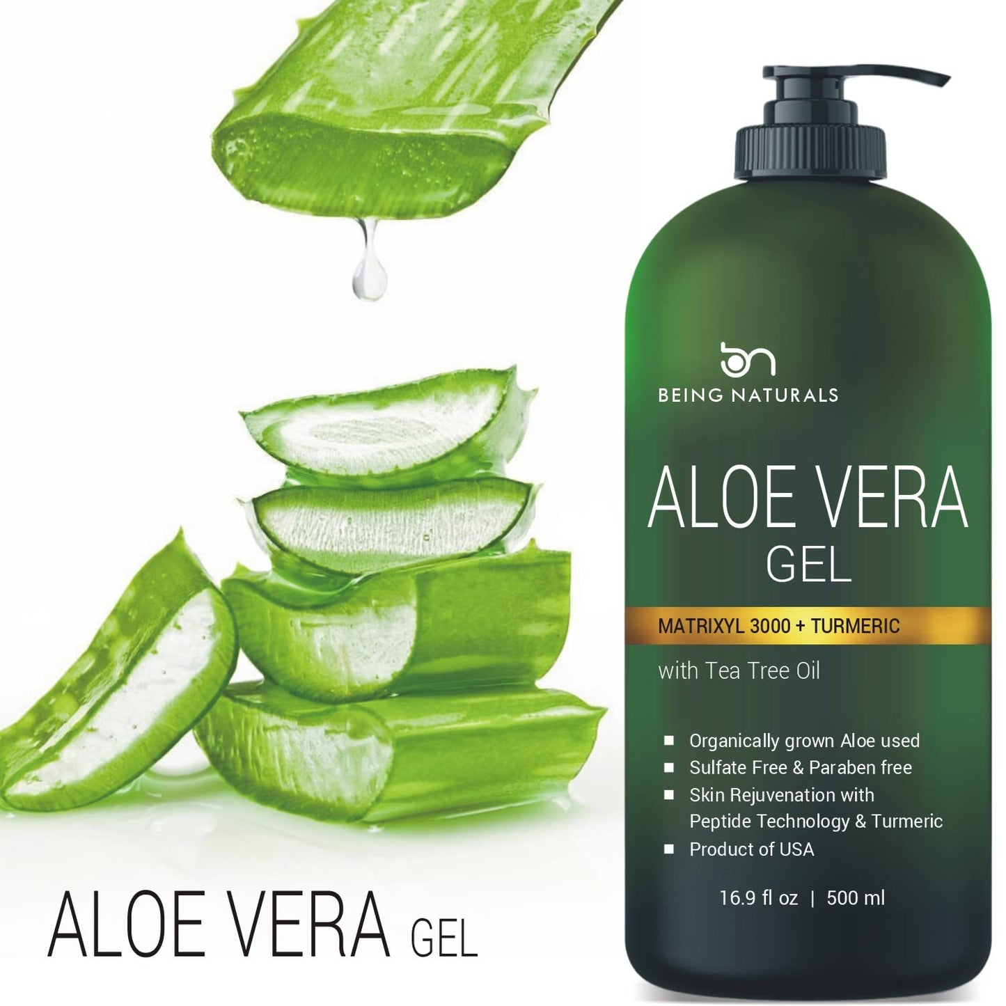 Aloe vera Gel - from 100% Pure Organic Aloe Infused with Matrixyl 3000 (Peptides), Turmeric - Natural Raw Moisturizer for Face, Body, Hair. Perfect Beauty & Personal Care Being Naturals
